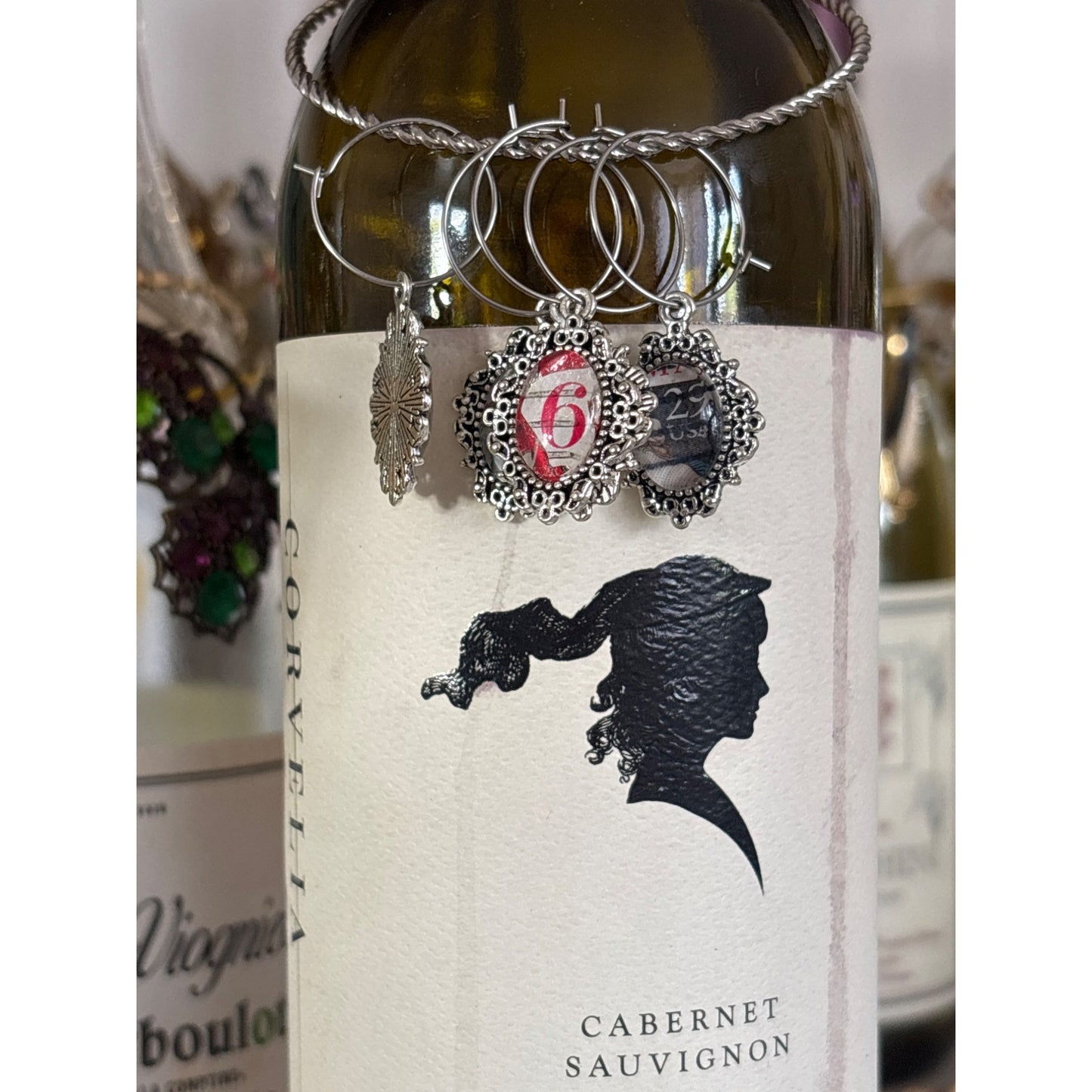 Vintage Postage Stamp Wine Charms – Set of 5 | Unique Wine Lover Gift | Upcycled Gift| Handcrafted from Real Vintage Stamps