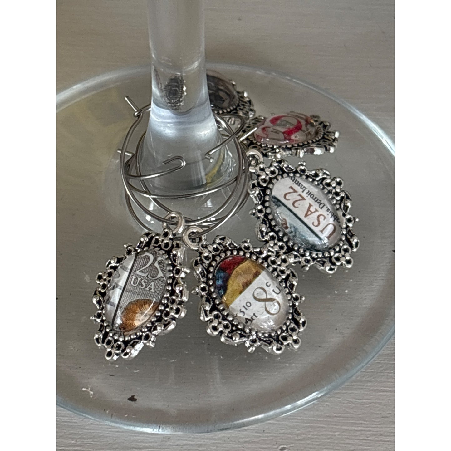 Vintage Postage Stamp Wine Charms – Set of 5 | Unique Wine Lover Gift | Upcycled Gift| Handcrafted from Real Vintage Stamps