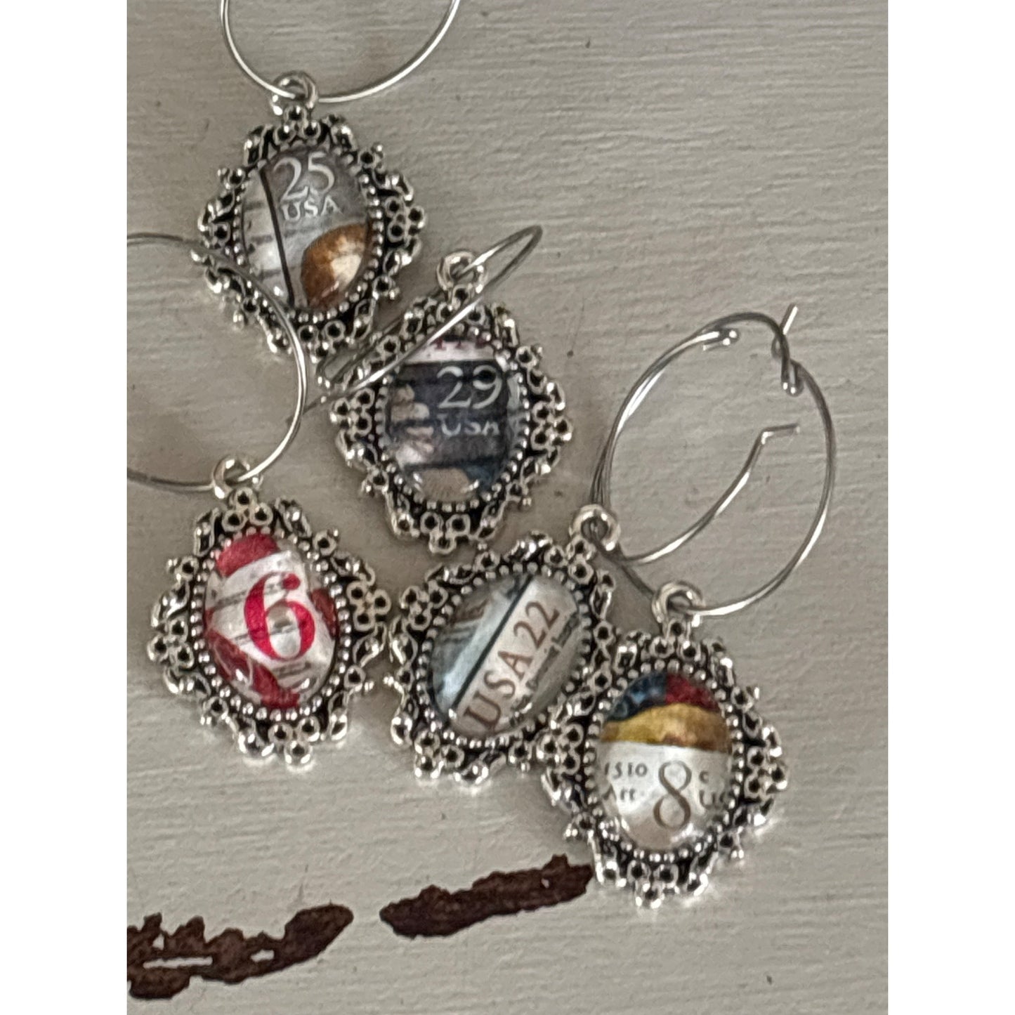 Vintage Postage Stamp Wine Charms – Set of 5 | Unique Wine Lover Gift | Upcycled Gift| Handcrafted from Real Vintage Stamps