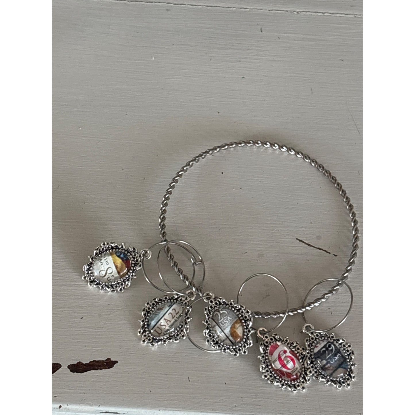 Vintage Postage Stamp Wine Charms – Set of 5 | Unique Wine Lover Gift | Upcycled Gift| Handcrafted from Real Vintage Stamps