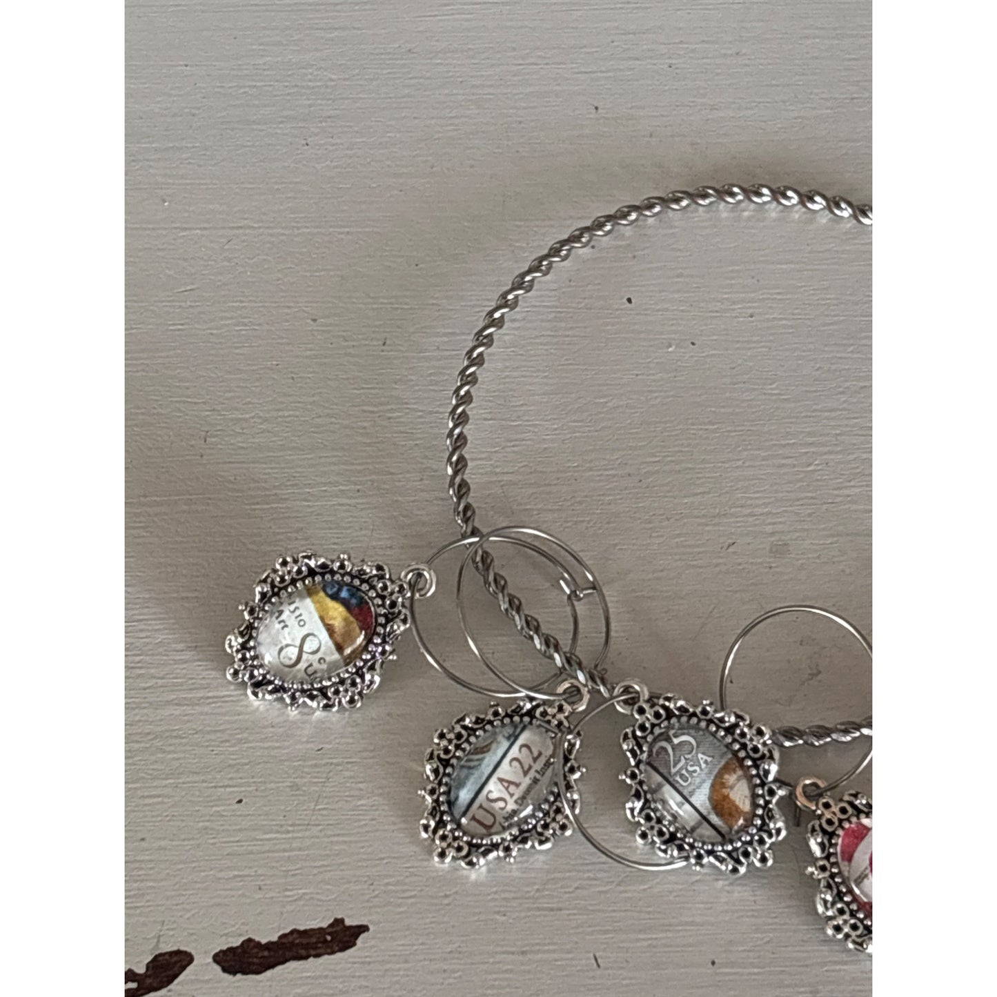 Vintage Postage Stamp Wine Charms – Set of 5 | Unique Wine Lover Gift | Upcycled Gift| Handcrafted from Real Vintage Stamps