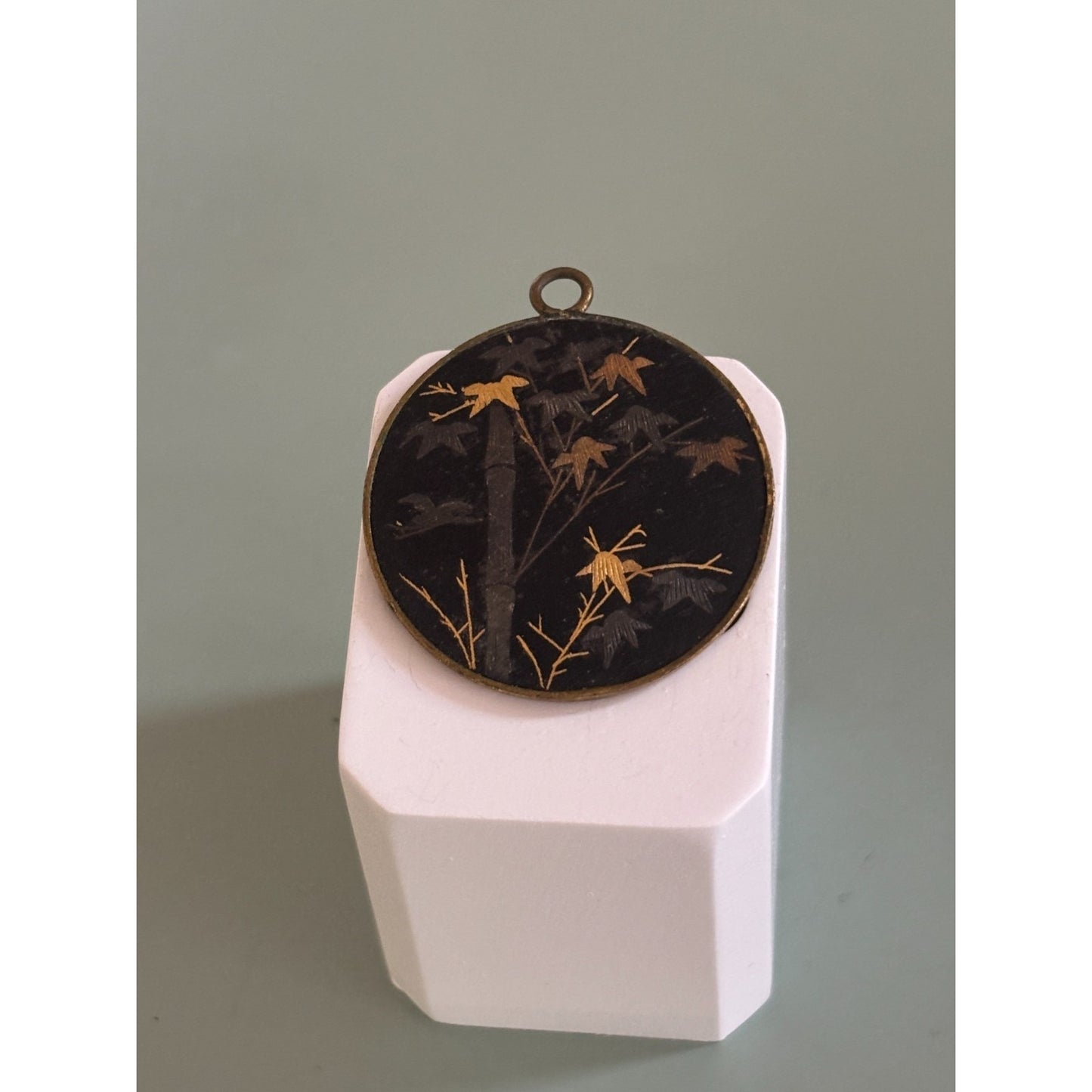 Vintage Japanese Maki-e Style Pendant – Gold Birds & Bamboo on Black Lacquer