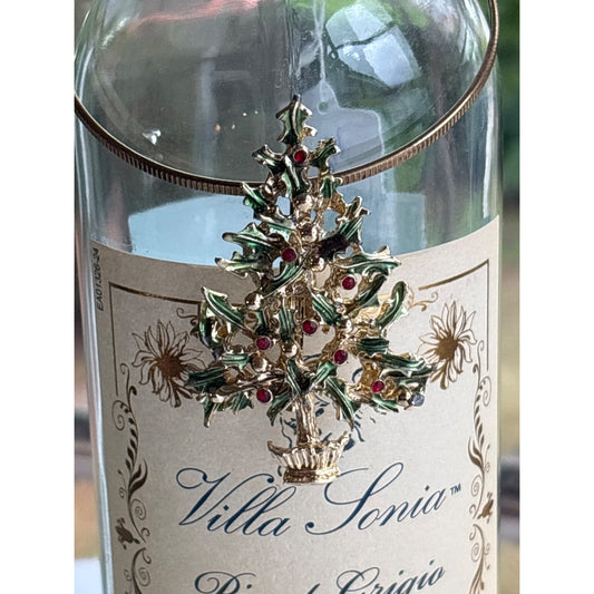 Vintage Gold-Tone Holiday Wine Bottle Charm With Enamel Christmas Tree Design