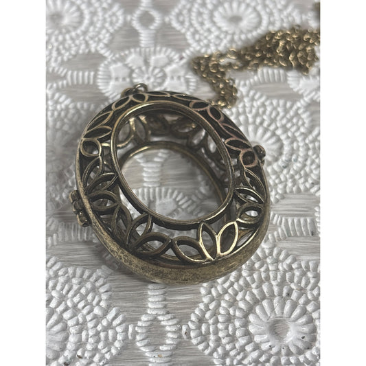 Vintage Brass Oval Filigree Locket Pendant Necklace