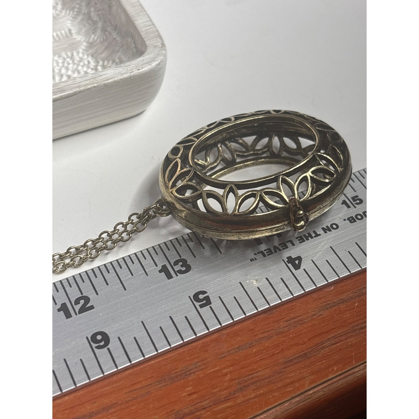 Vintage Brass Oval Filigree Locket Pendant Necklace
