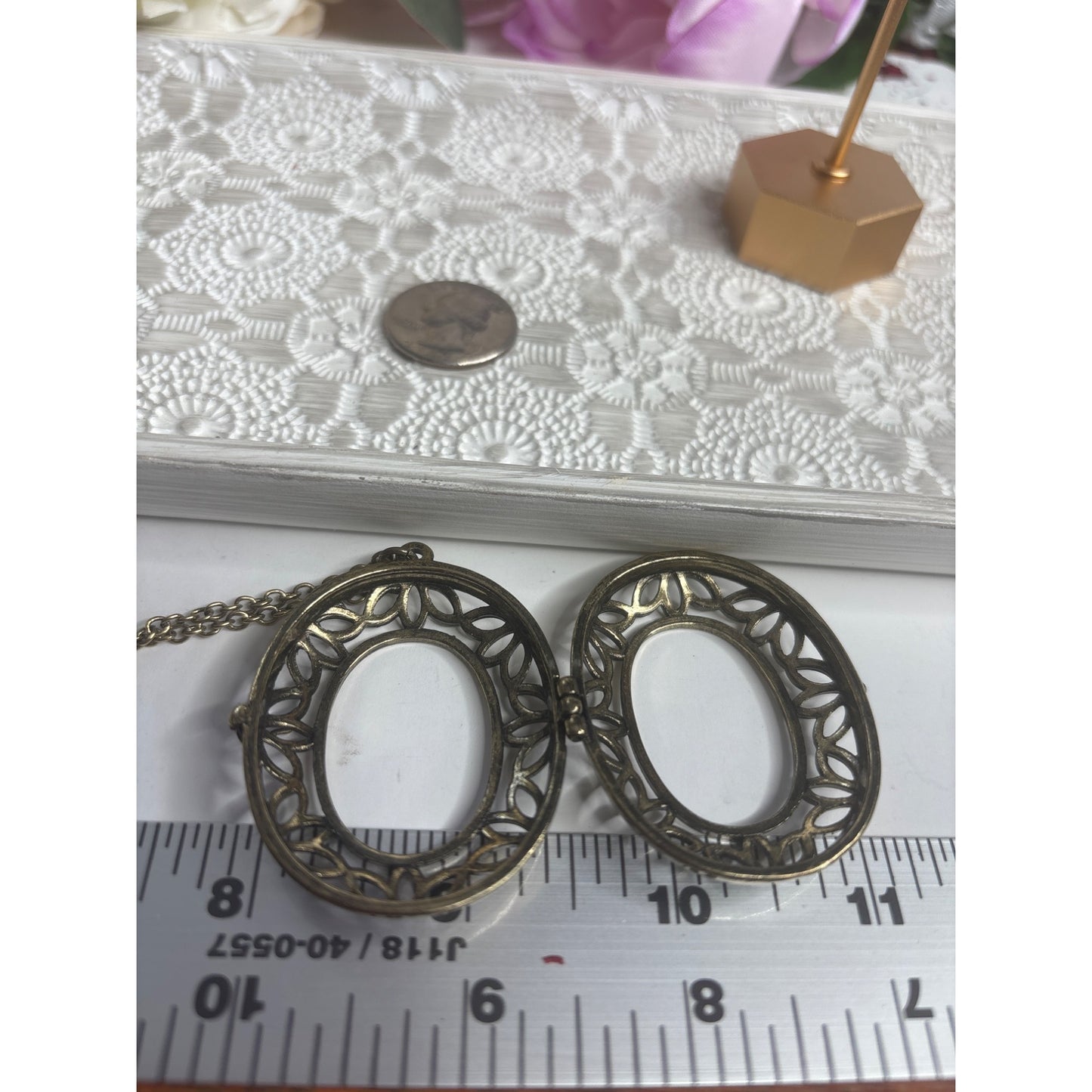 Vintage Brass Oval Filigree Locket Pendant Necklace
