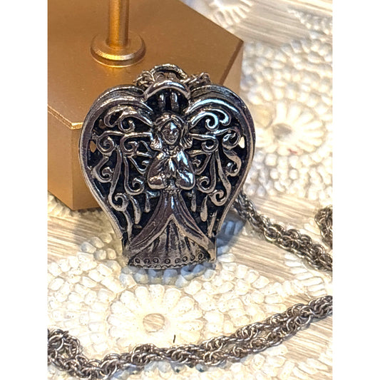 Prayer Locket: Vintage Camco Silver-Tone Angel Filigree Design & Chain
