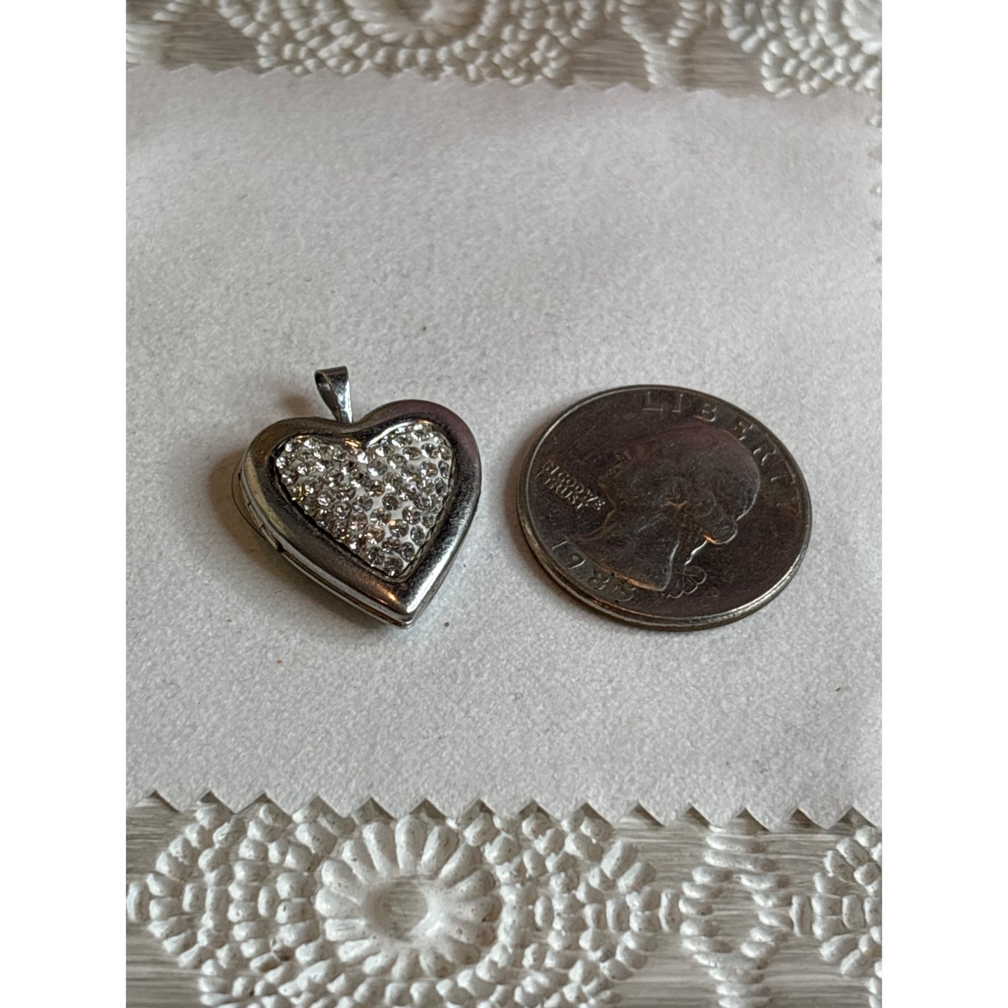 Silver Tone Heart Locket Pendant With Rhinestones & Gift Box