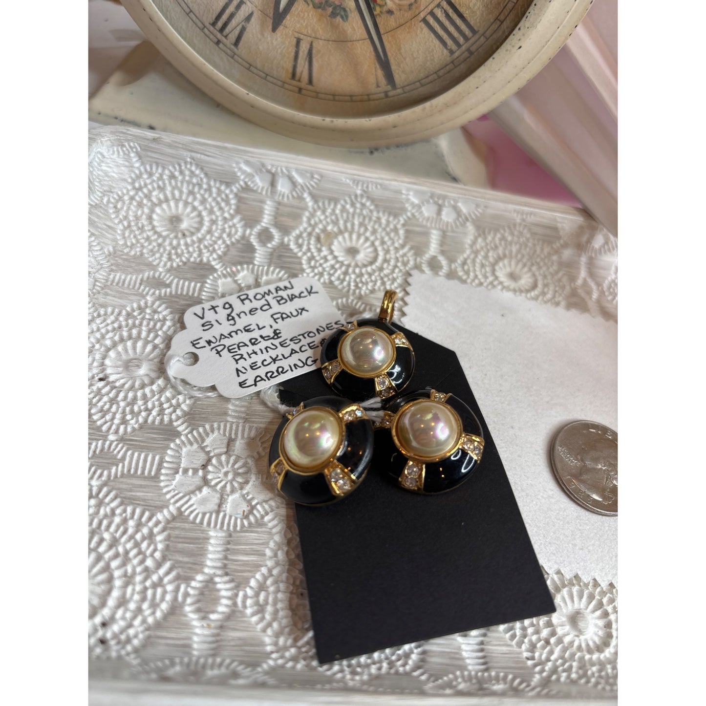 Vtg Roman Black Enamel Faux Pearl Rhinestone Necklace & Earring Set Signed Jewelry