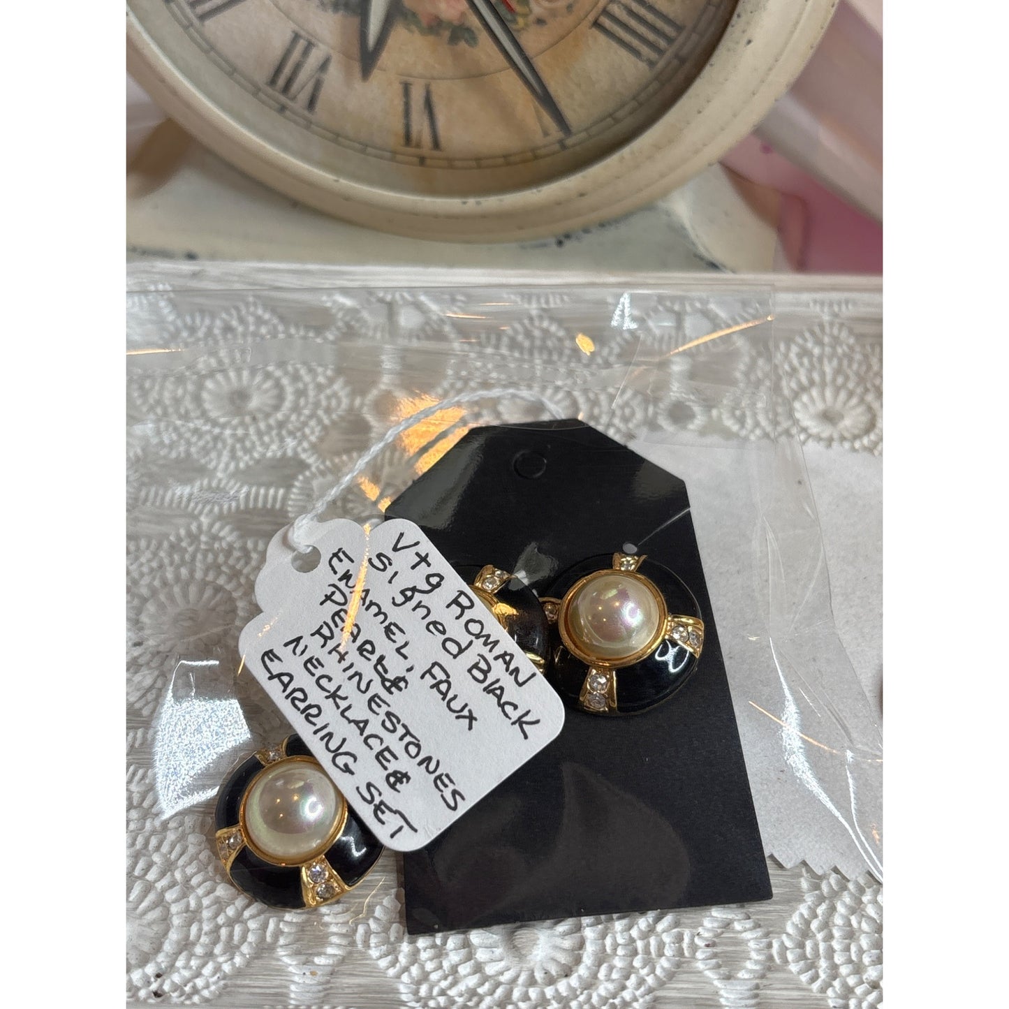 Vtg Roman Black Enamel Faux Pearl Rhinestone Necklace & Earring Set Signed Jewelry