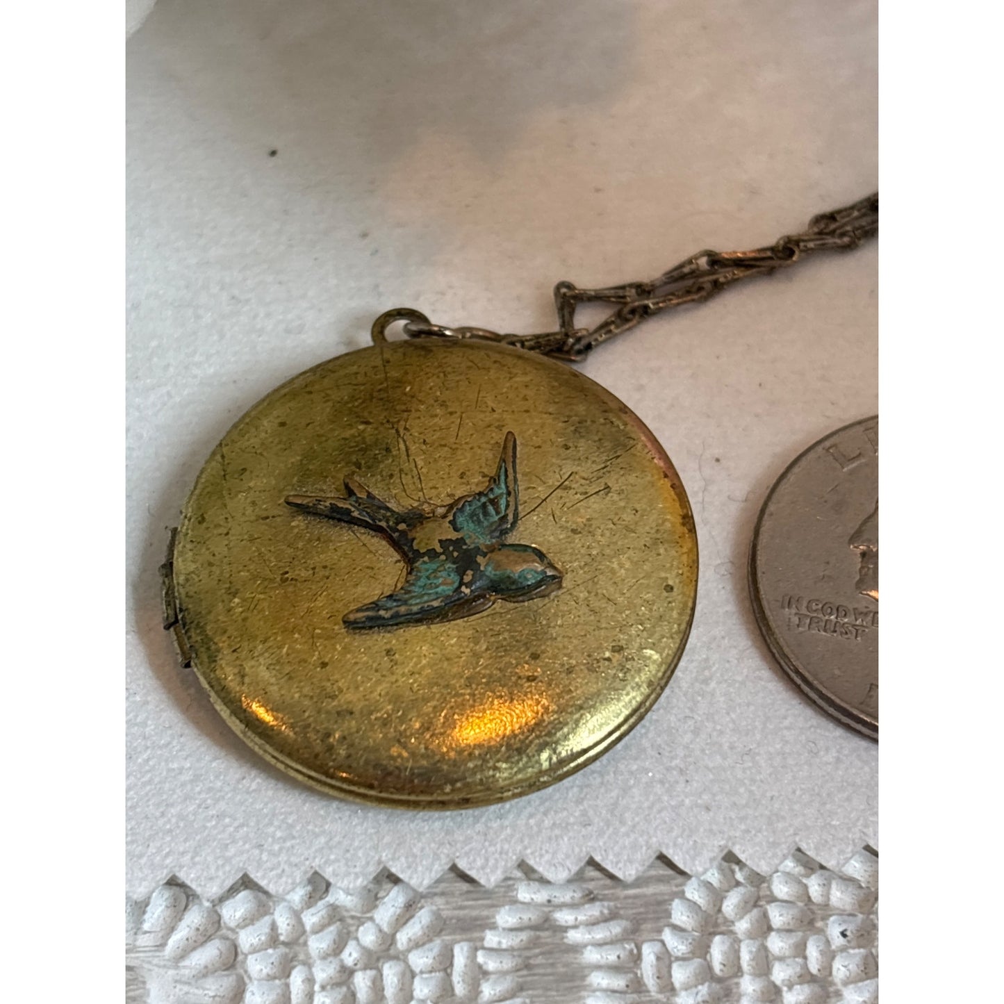 Mourning Jewelry: Antique Brass Locket Necklace Swallow