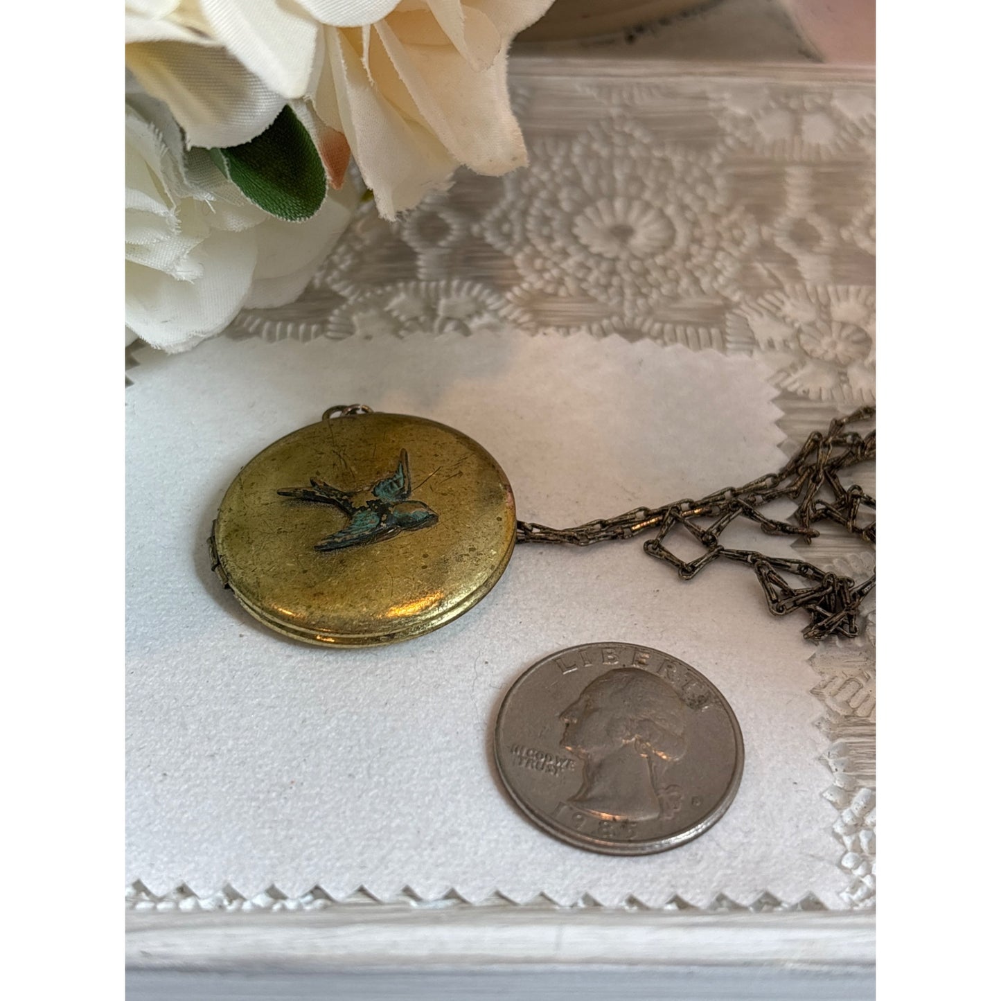 Mourning Jewelry: Antique Brass Locket Necklace Swallow