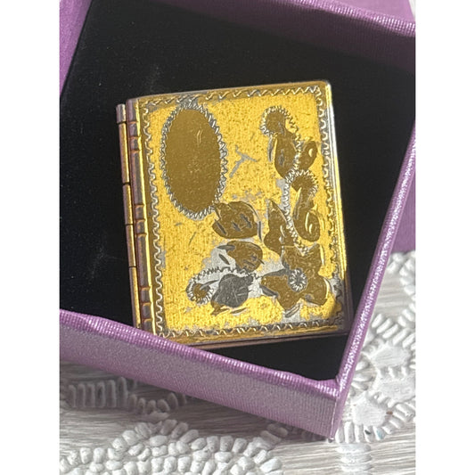 Antique Gold-Tone Book Locket with Floral Etching — Timeworn Patina & Vintage Charm