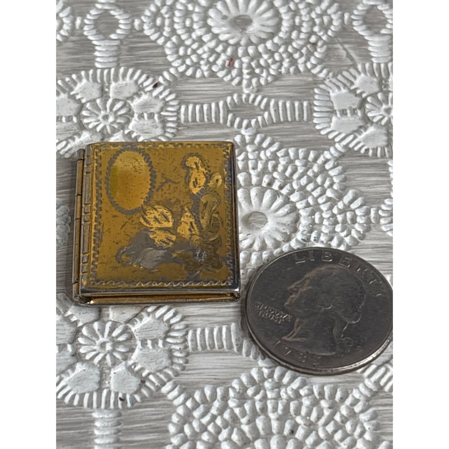 Antique Gold-Tone Book Locket with Floral Etching — Timeworn Patina & Vintage Charm
