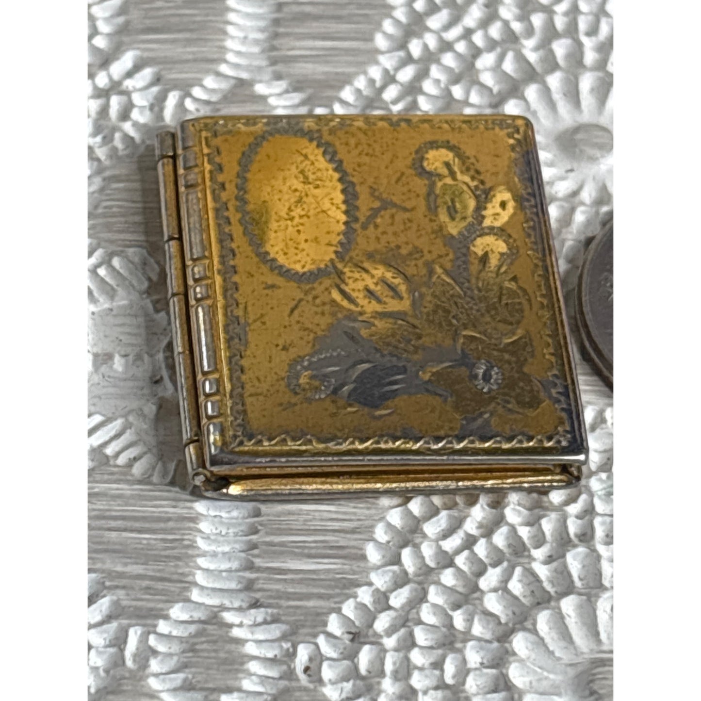 Antique Gold-Tone Book Locket with Floral Etching — Timeworn Patina & Vintage Charm