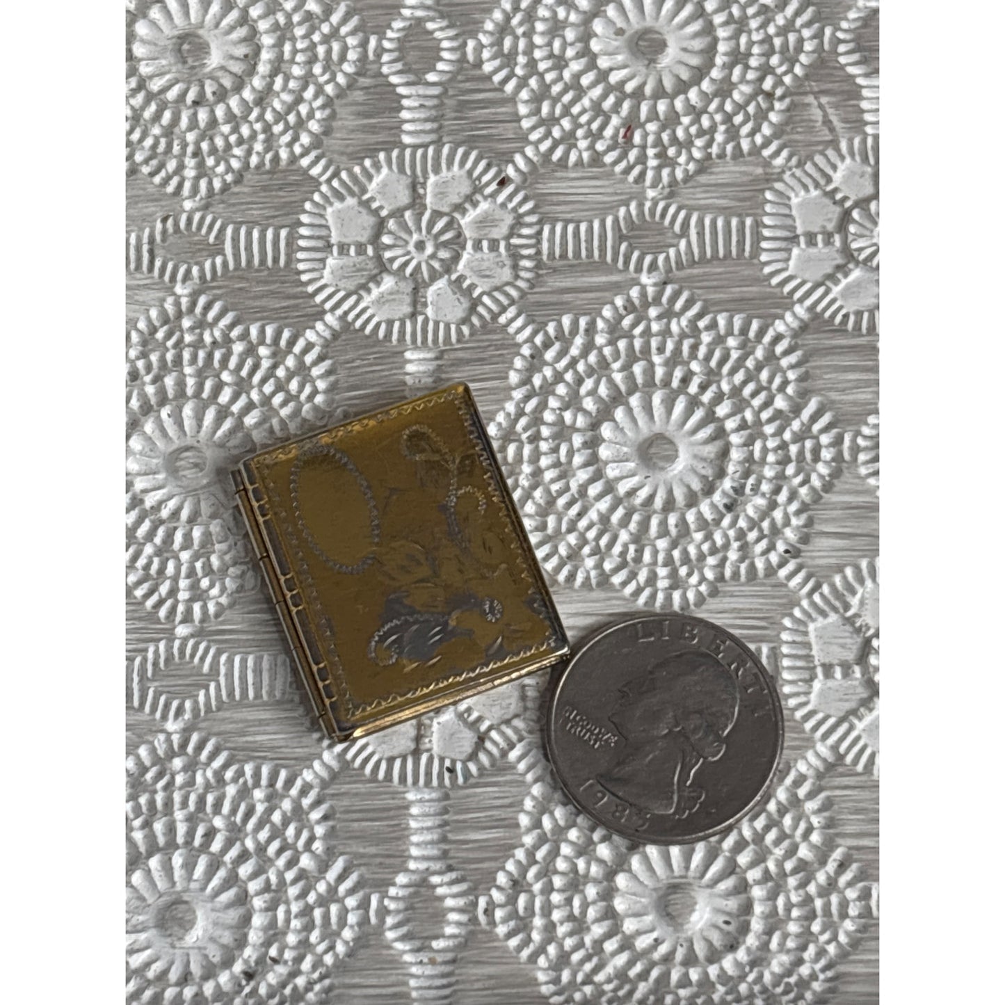 Antique Gold-Tone Book Locket with Floral Etching — Timeworn Patina & Vintage Charm