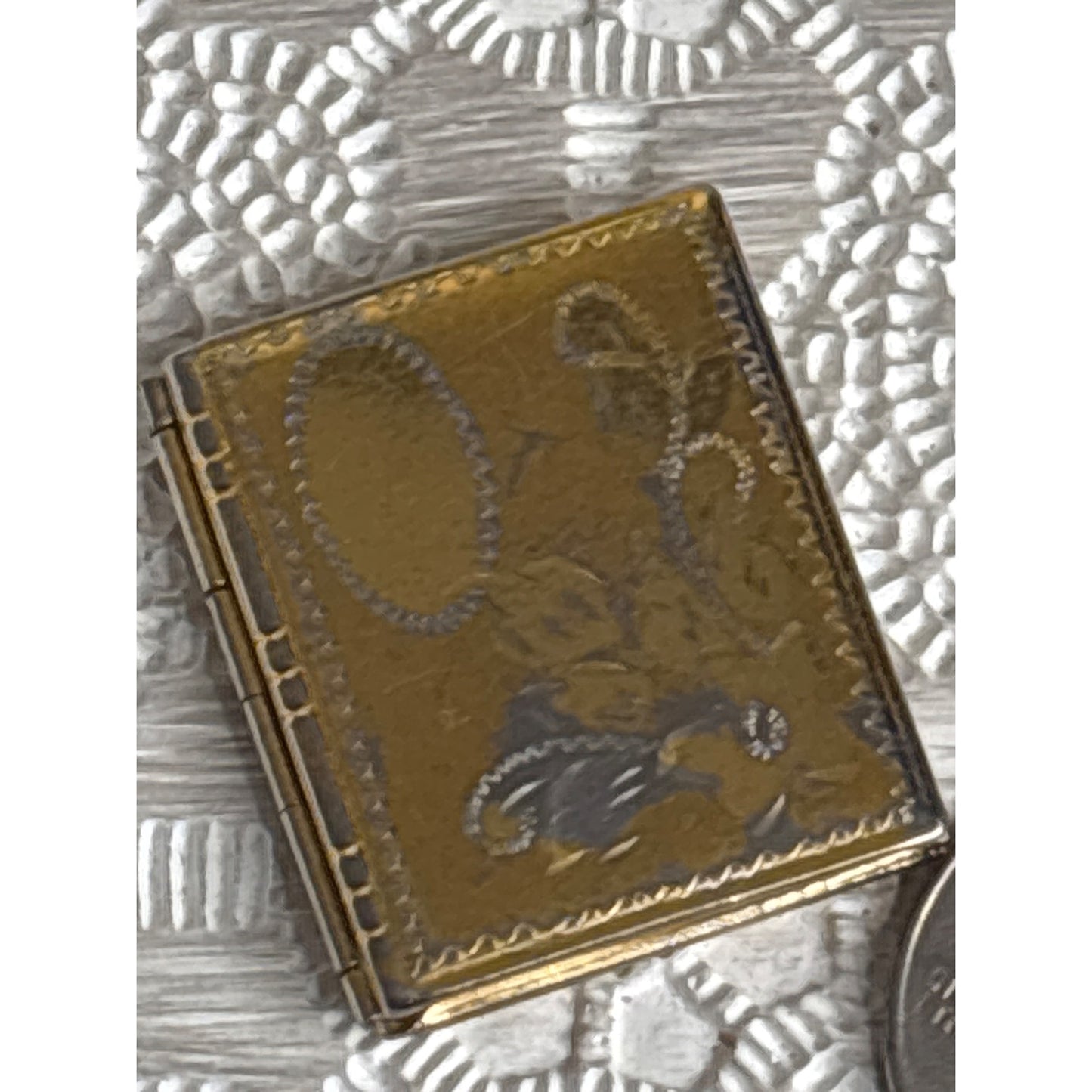 Antique Gold-Tone Book Locket with Floral Etching — Timeworn Patina & Vintage Charm
