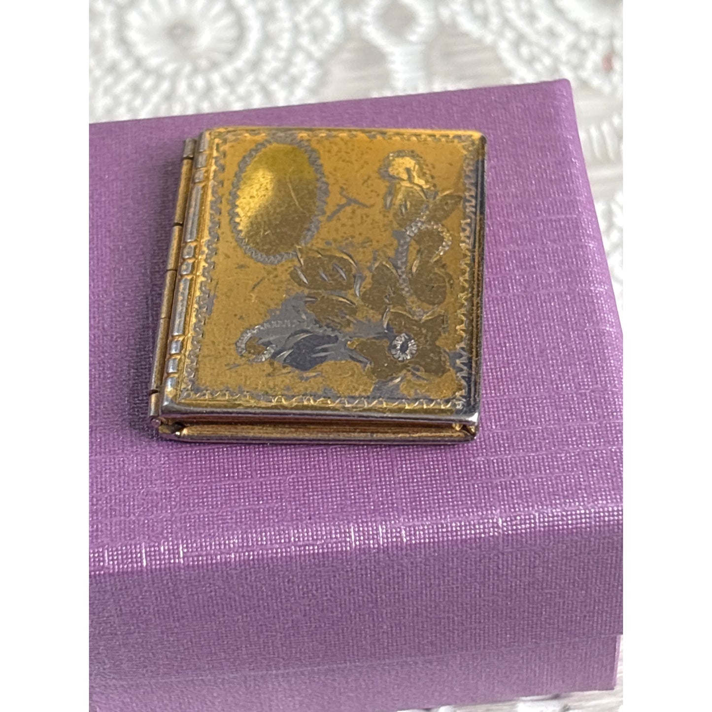 Antique Gold-Tone Book Locket with Floral Etching — Timeworn Patina & Vintage Charm