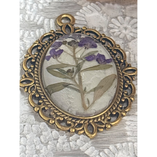Handmade Oval Brass Pendant Real Purple Wildflower Sprig Nature's Poetry