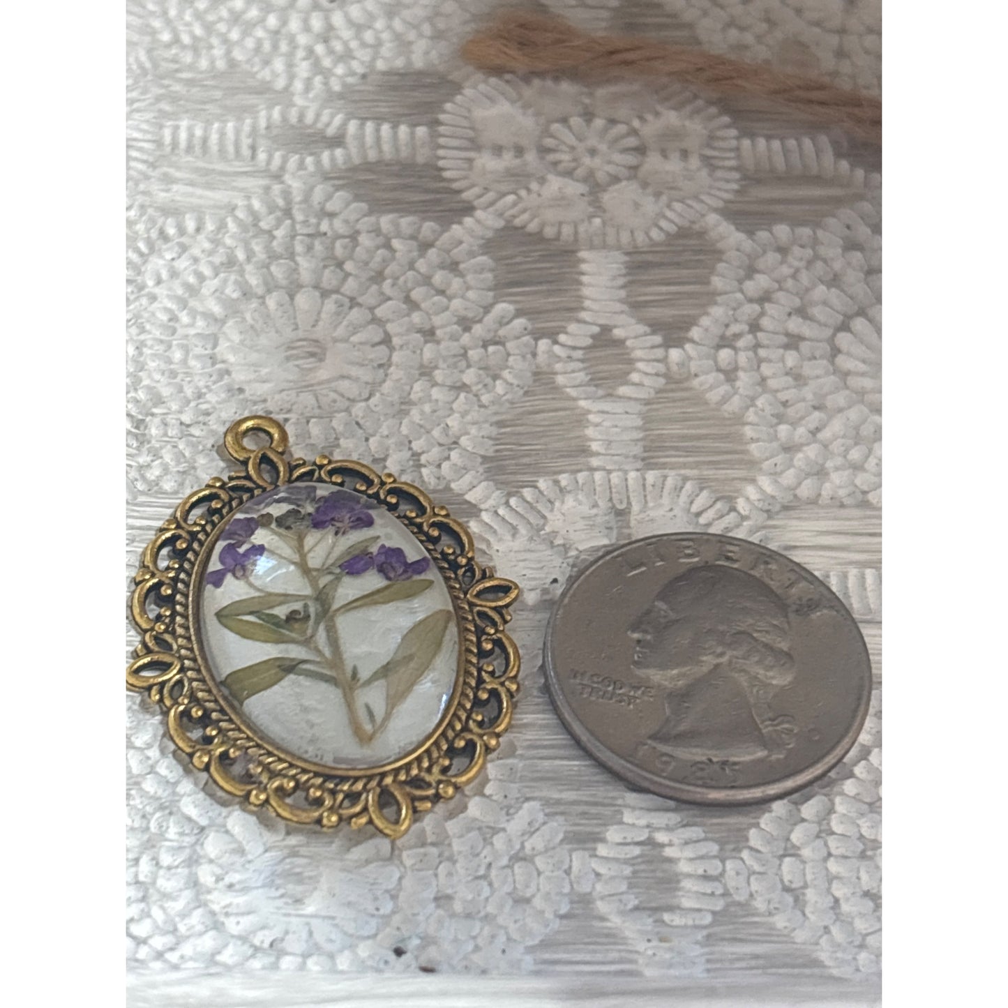 Handmade Oval Brass Pendant Real Purple Wildflower Sprig Nature's Poetry