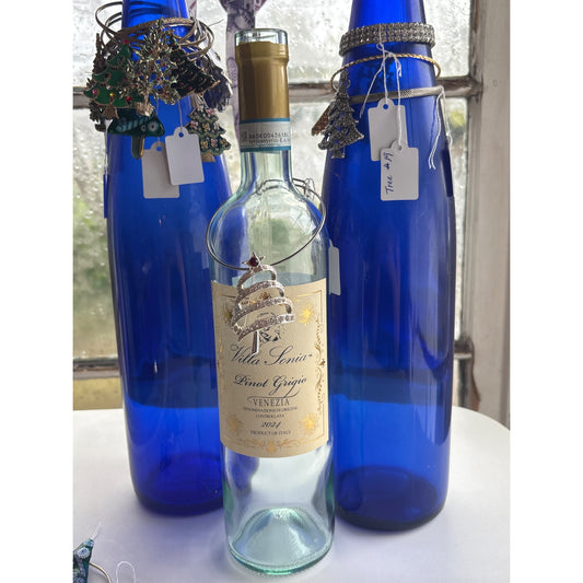 Silver Christmas Tree Wine Bottle Charm With Rhinestones & Red Star Accent