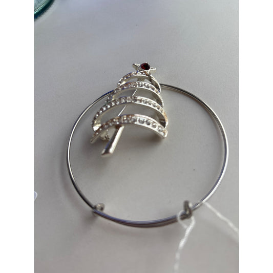 Silver Christmas Tree Wine Bottle Charm With Rhinestones & Red Star Accent