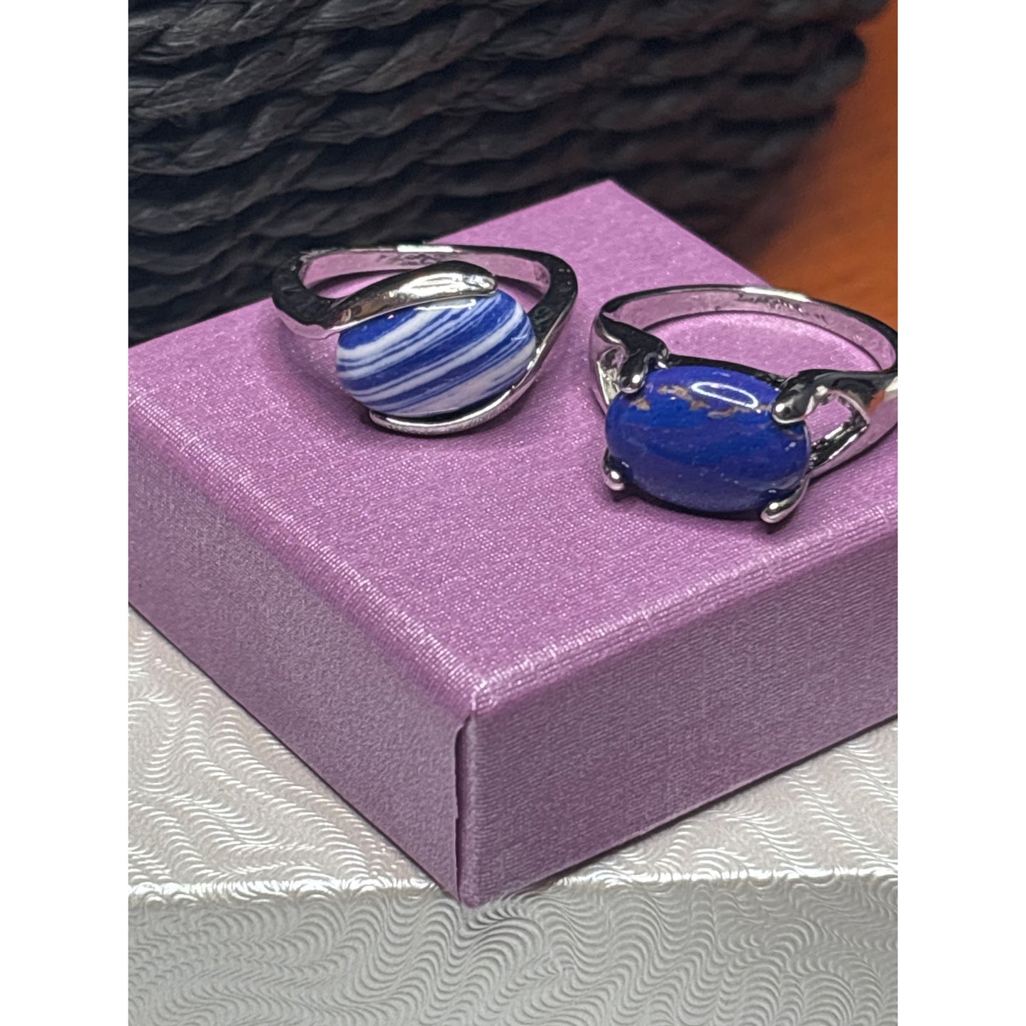 Silvertone Rings With Blue Agate & Lapis Lazuli Stones Size 8.25 and 10.25