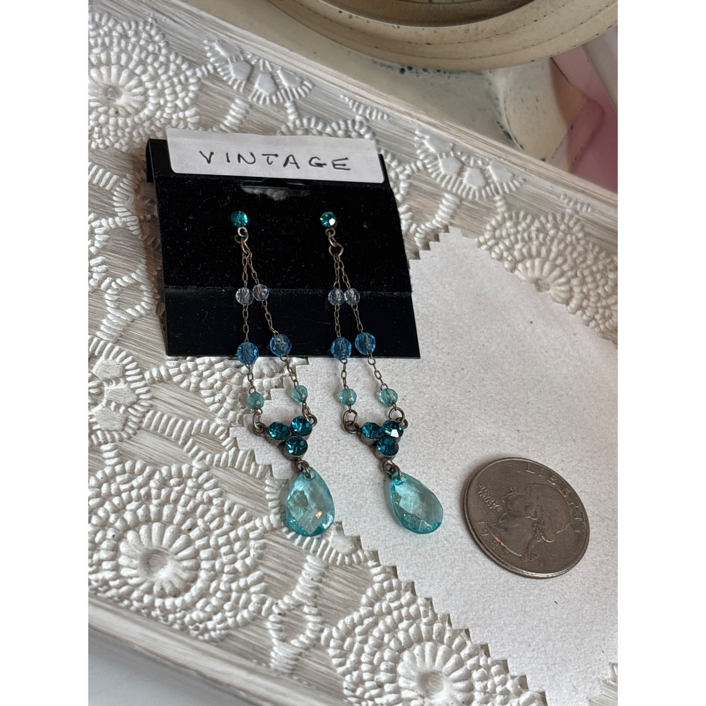 Vintage Silver-Tone Drop Earrings With Blue Crystal Beads & Teardrop Accents