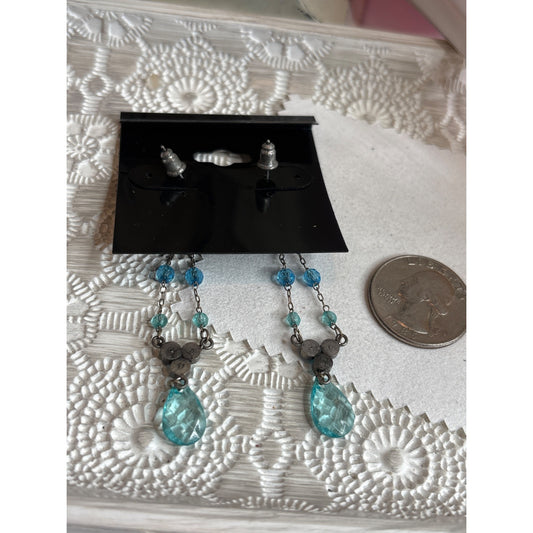 Vintage Silver-Tone Drop Earrings With Blue Crystal Beads & Teardrop Accents