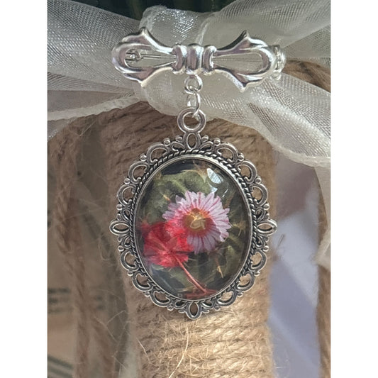 Handmade Dried Flower Oval Brooch Silver Bowl Bridal Bouquet Mourning Jewelry