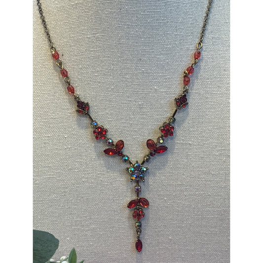 Vintage Avon Red and Green Rhinestone Necklace & Earrings Set Floral Detail