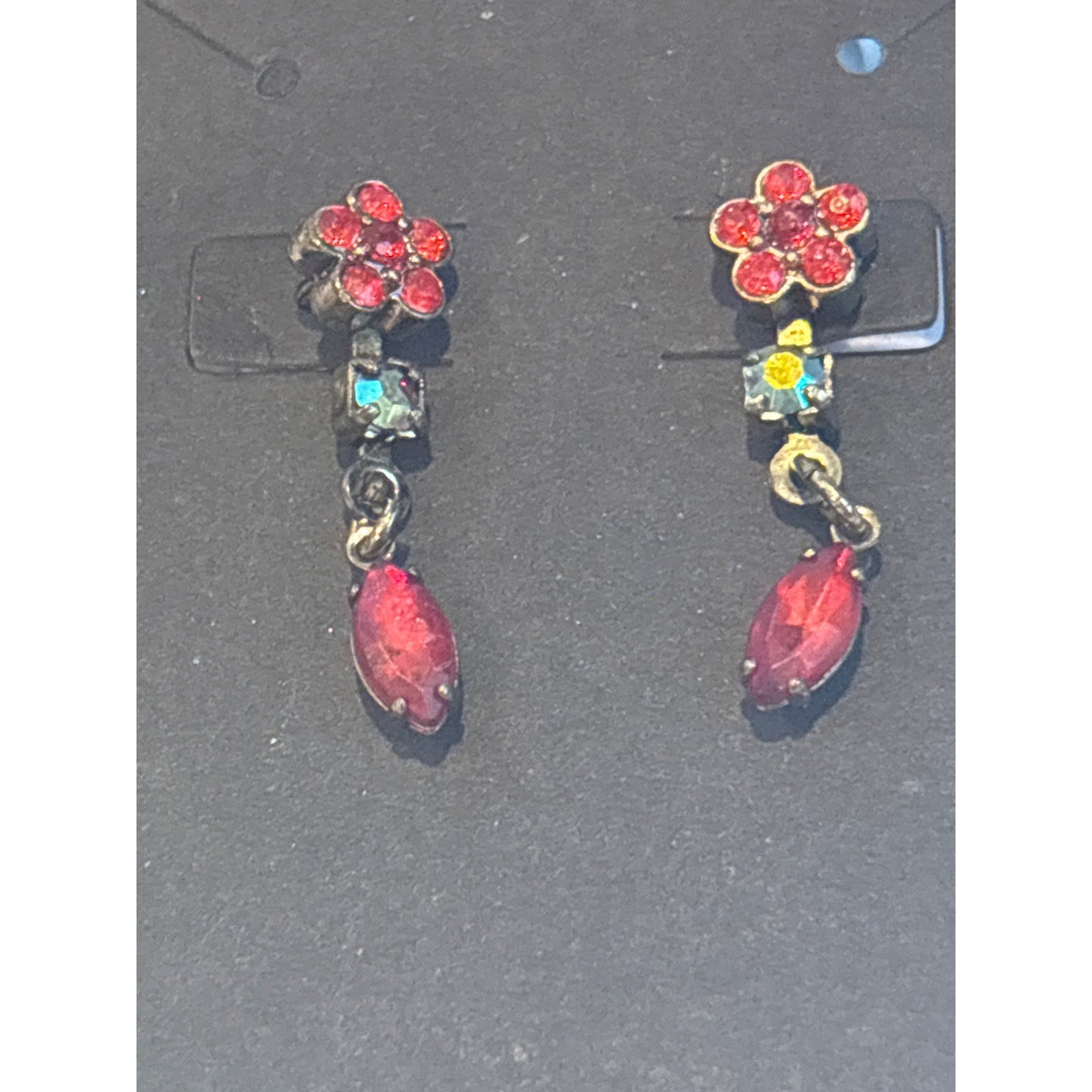 Vintage Avon Red and Green Rhinestone Necklace & Earrings Set Floral Detail