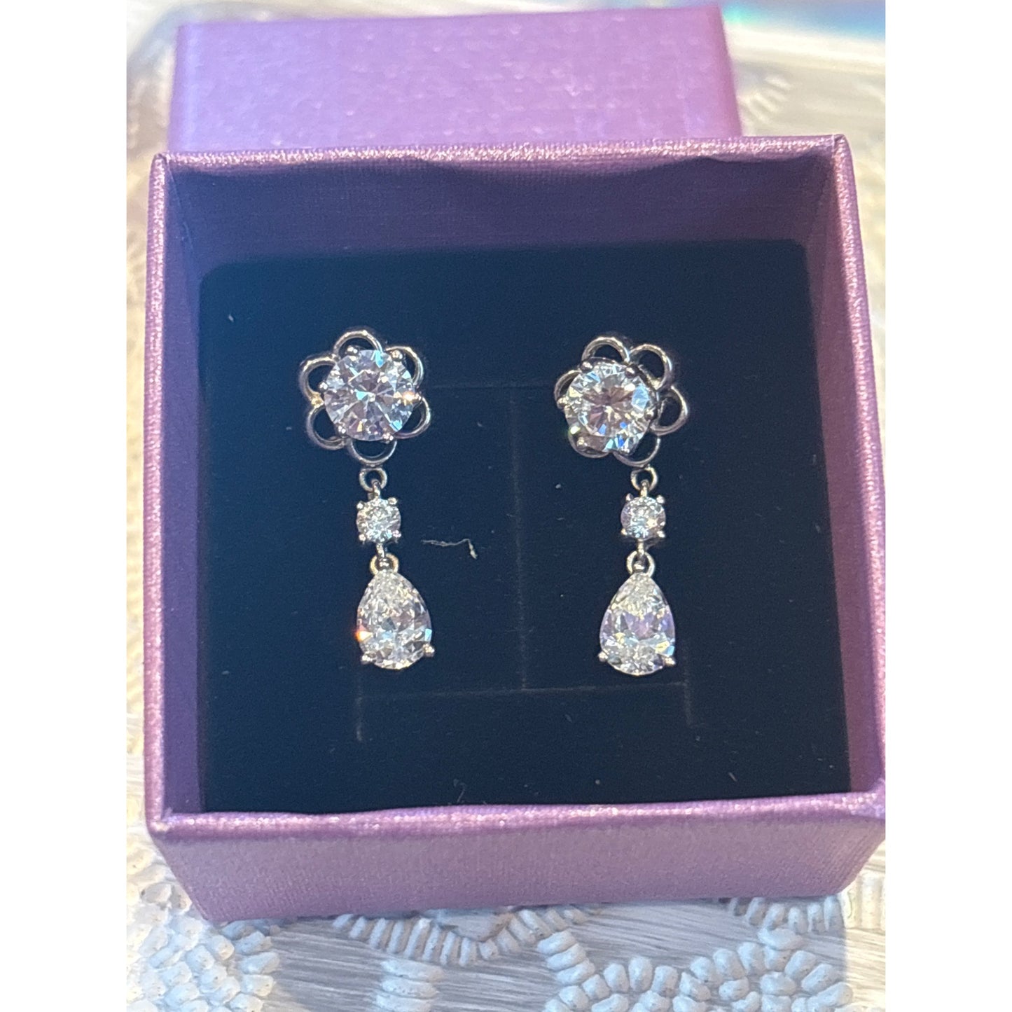 Sterling 925 Silver Flower Drop Earrings Cubic Zirconia Teardrops Wear 2 Ways