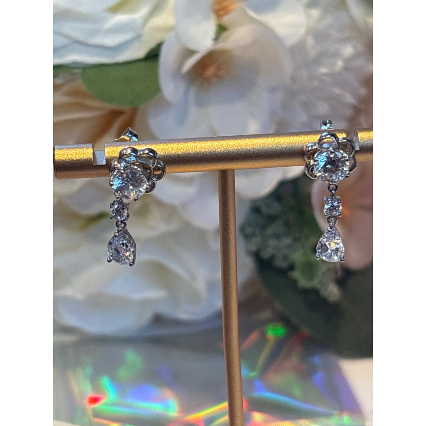 Sterling 925 Silver Flower Drop Earrings Cubic Zirconia Teardrops Wear 2 Ways