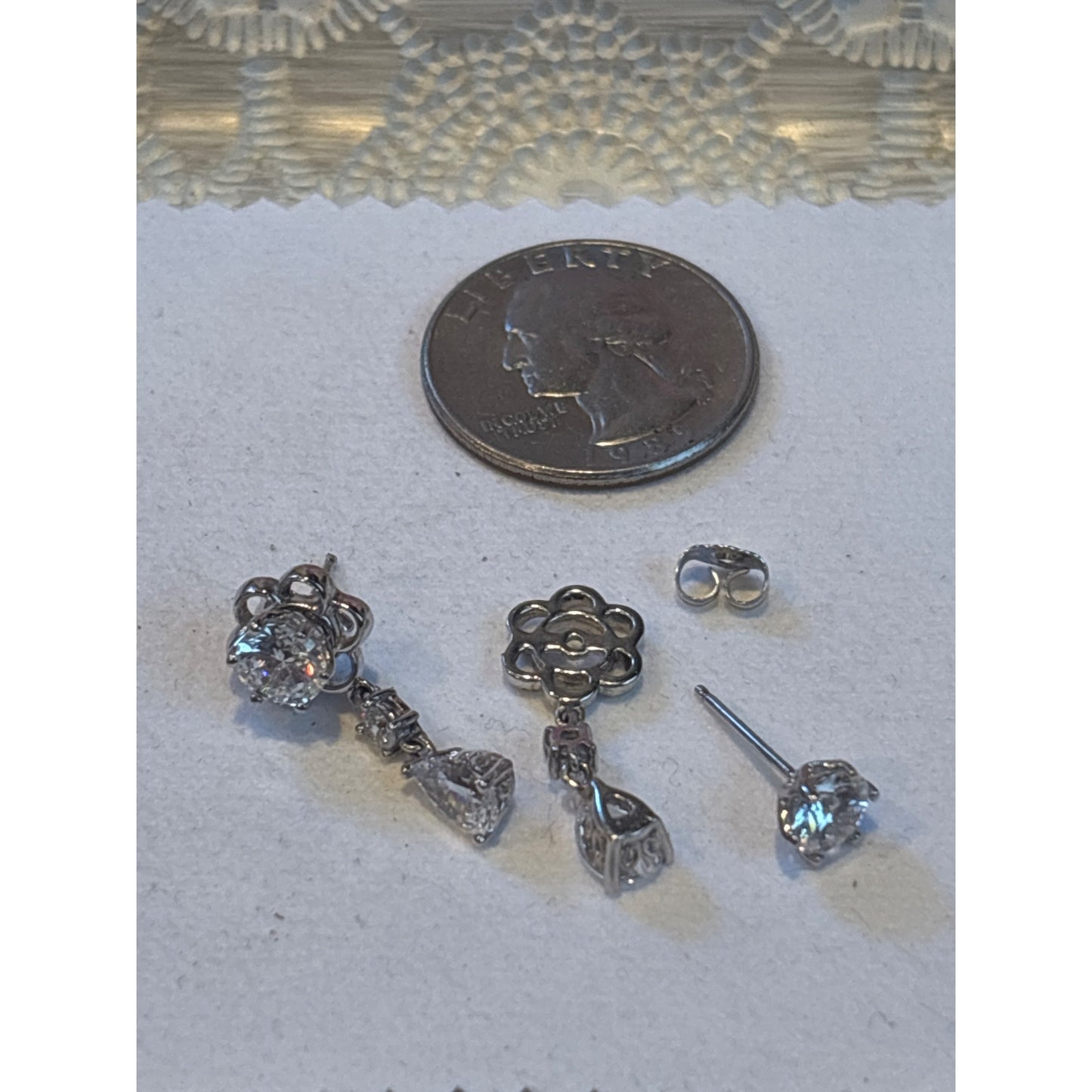 Sterling 925 Silver Flower Drop Earrings Cubic Zirconia Teardrops Wear 2 Ways