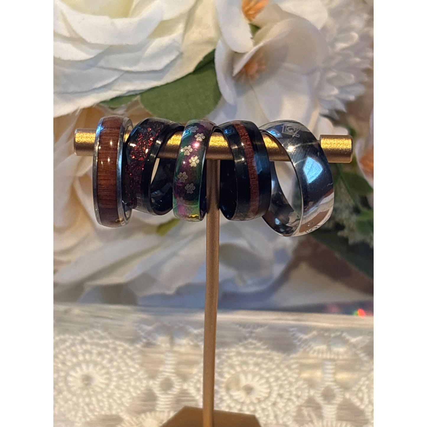 5 Wedding Bands for Men: Set  Rings  Sizes 7-13 Wood Resin Masonic Symbol Silver Band