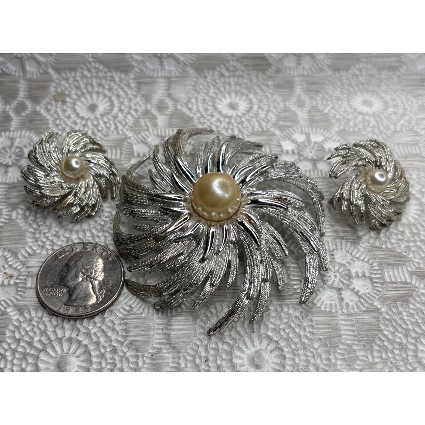 Vintage Sarah Coventry Silver-Tone Brooch Earrings Set Faux Pearl Accents - Missing Pin Tarnish Present
