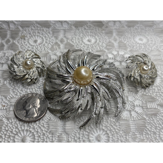 Vintage Sarah Coventry Silver-Tone Brooch Earrings Set Faux Pearl Accents - Missing Pin Tarnish Present