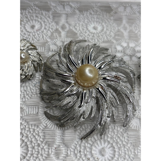 Vintage Sarah Coventry Silver-Tone Brooch Earrings Set Faux Pearl Accents - Missing Pin Tarnish Present