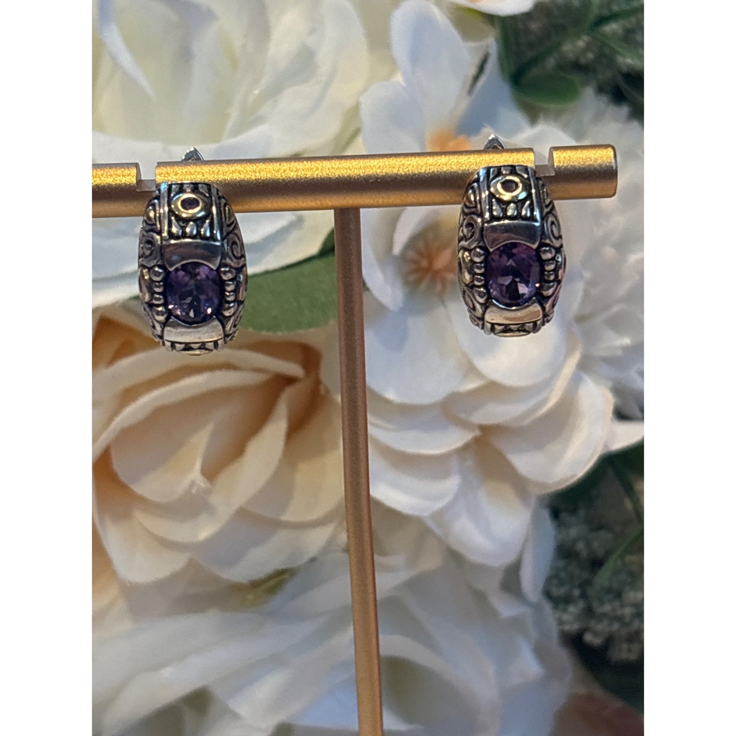 Sterling Silver 925 & Amethyst Pierced Earrings Intricate Filigree Thailand