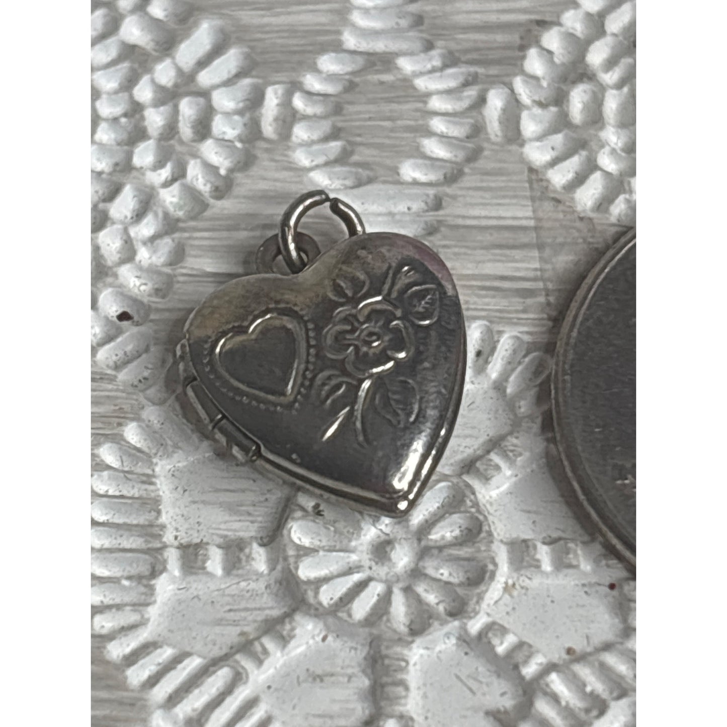 Vintage Miniature Heart Locket For Dolls Silver-Tone Metal With Floral Etching