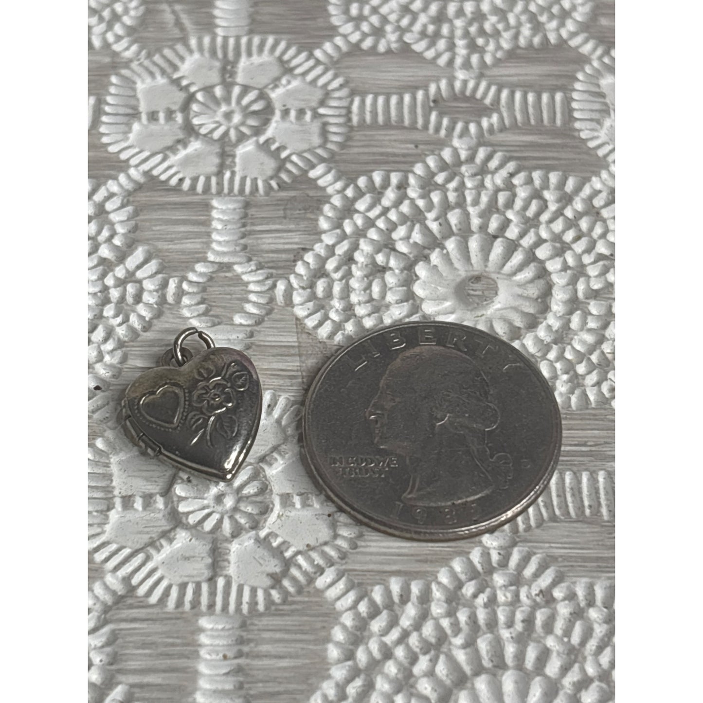 Vintage Miniature Heart Locket For Dolls Silver-Tone Metal With Floral Etching