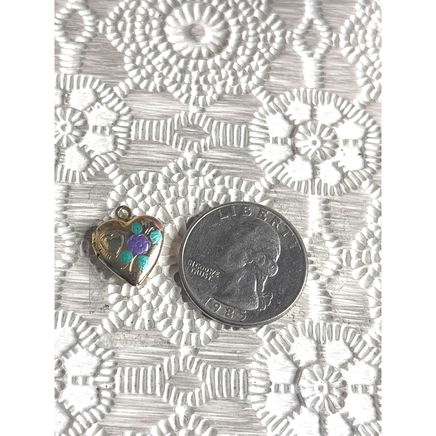 Tiny Photo Locket: Vintage Gold Tone Painted Flowers Purple Green Doll