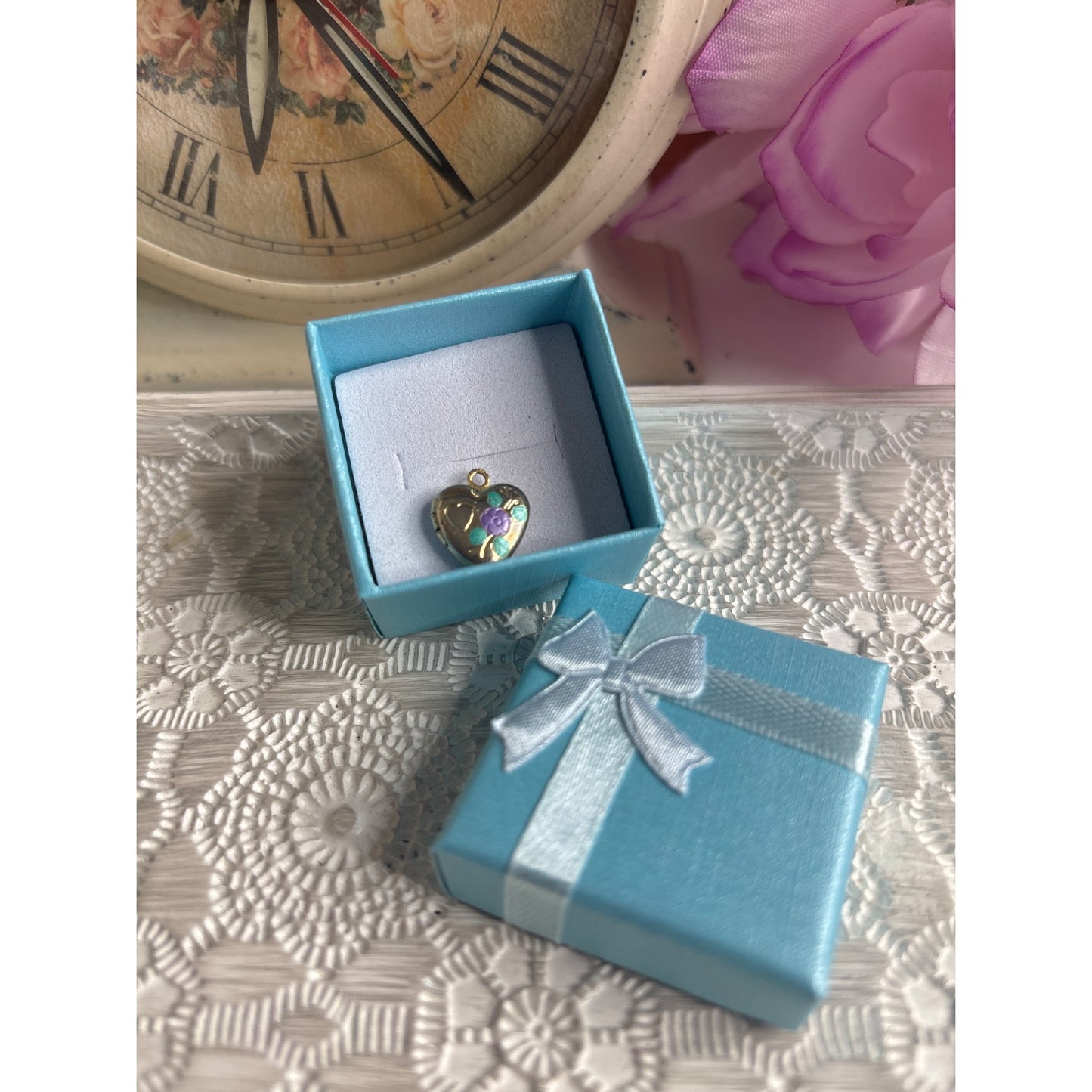 Tiny Photo Locket: Vintage Gold Tone Painted Flowers Purple Green Doll