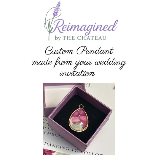 Custom Wedding Invitation Keepsake Pendant – Personalized Paper Jewelry with Dried Flower Accent – Reimagined Memories