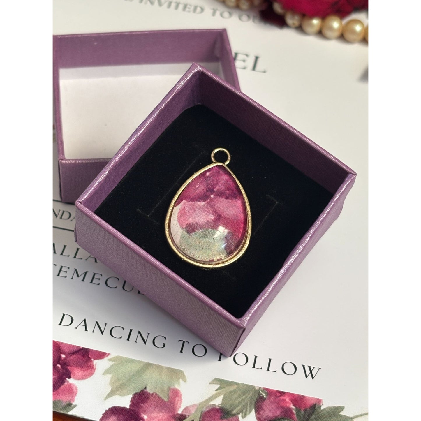 Custom Wedding Invitation Keepsake Pendant – Personalized Paper Jewelry with Dried Flower Accent – Reimagined Memories