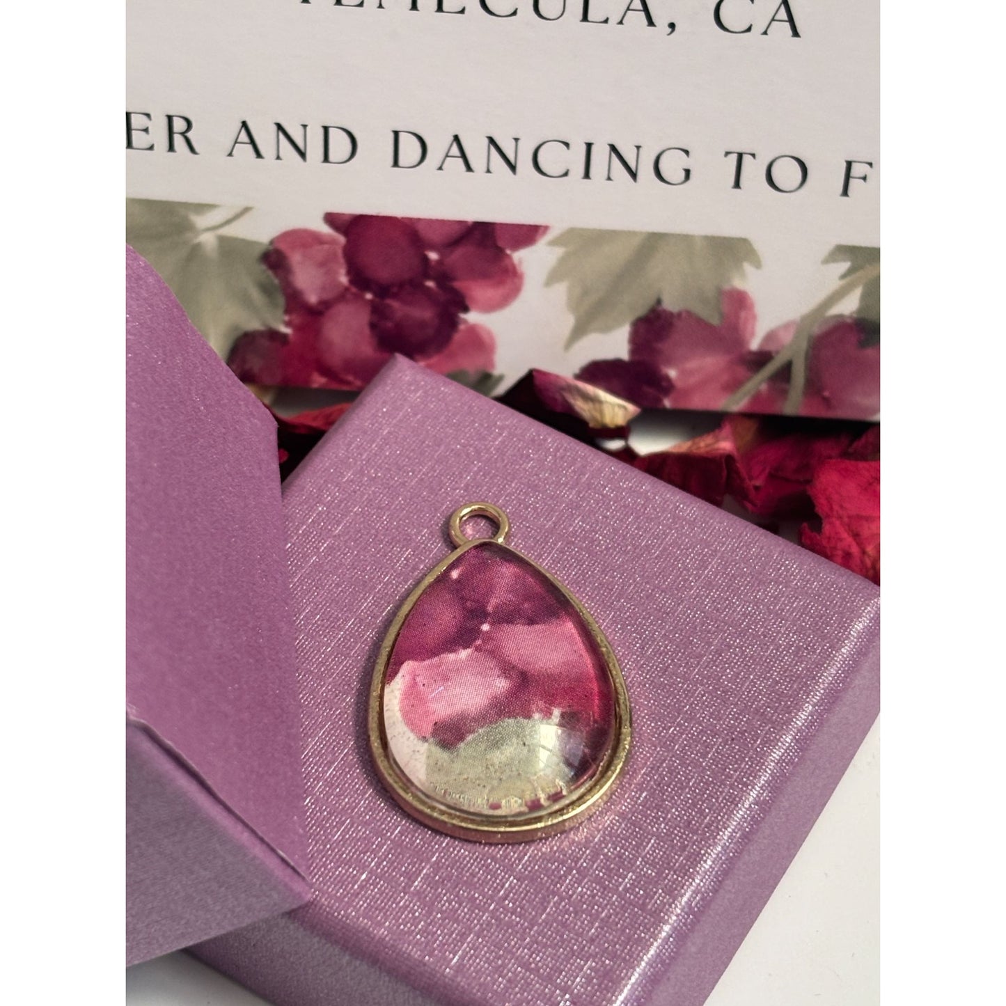 Custom Wedding Invitation Keepsake Pendant – Personalized Paper Jewelry with Dried Flower Accent – Reimagined Memories