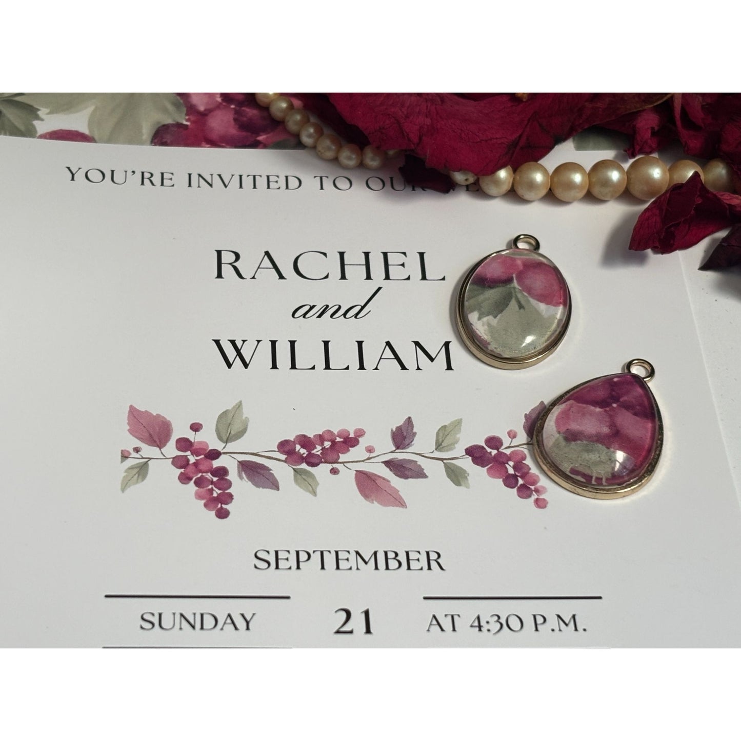 Custom Wedding Invitation Keepsake Pendant – Personalized Paper Jewelry with Dried Flower Accent – Reimagined Memories