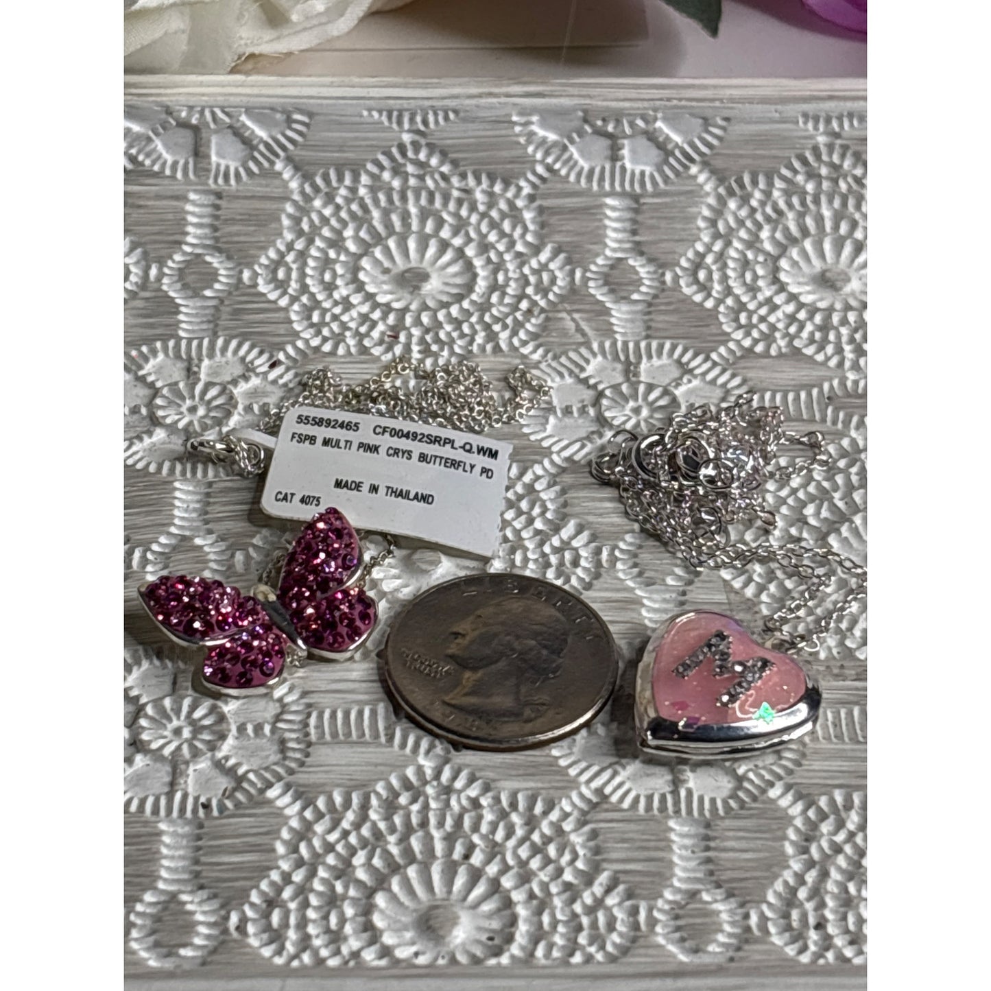 Pink Locket "M" Plus New Sparkly Butterfly Pendant Necklace  Made In Thailand