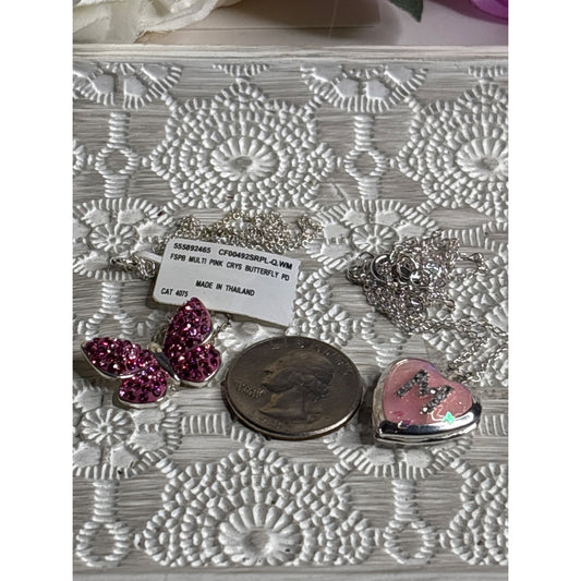 Pink Locket "M" Plus New Sparkly Butterfly Pendant Necklace  Made In Thailand